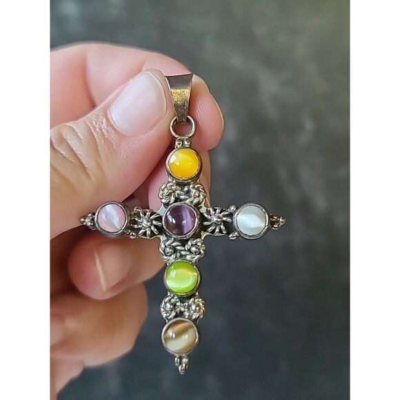 925 Sterling Silver Cat's Eye Cross Pendant Vintage Mexico - Picture 2 of 10